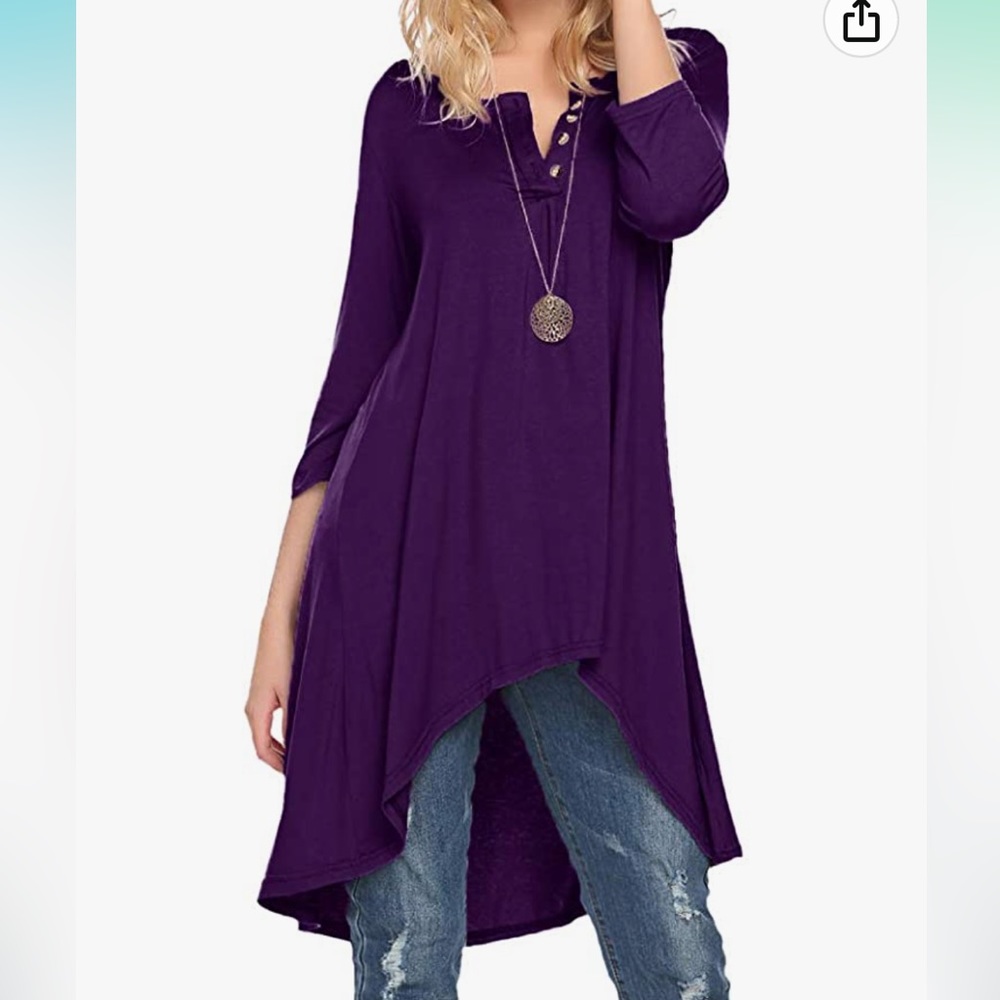 3/4 sleeve button v neck high low loose fit casual long tunic top tee